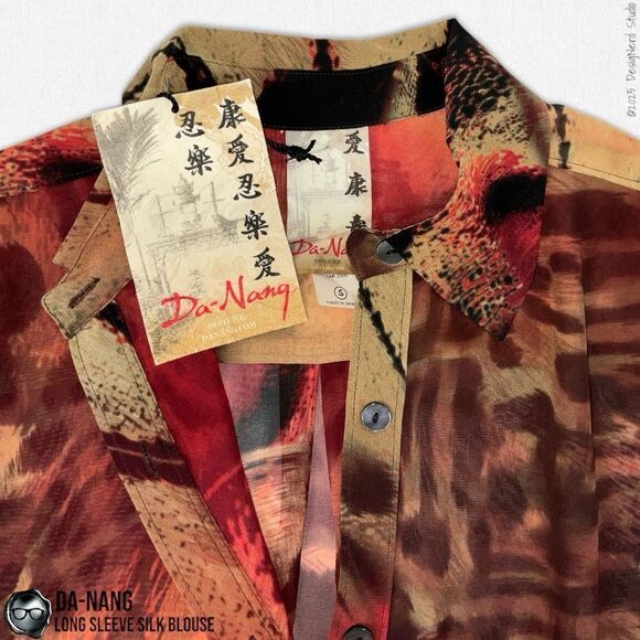DA-NANG BOHEME SILK BUTTON DOWN LONG SLEEVE BLOUSE IN VINTAGE SUNSET ABSTRACT - Picture 7 of 12